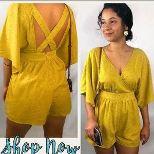 Yellow Kimono Romper with Blue Polka Dots